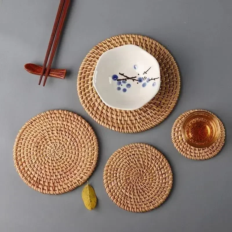 Outdoor Furniture Cafe - Handmade Round Rattan Coasters Heat Insulated